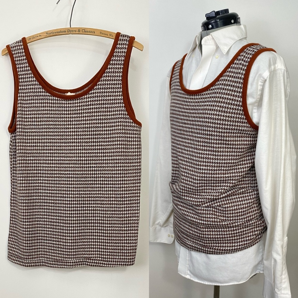 Vintage 70s Knit Tank Vest Houndstooth Brown White Cognac Large Medium